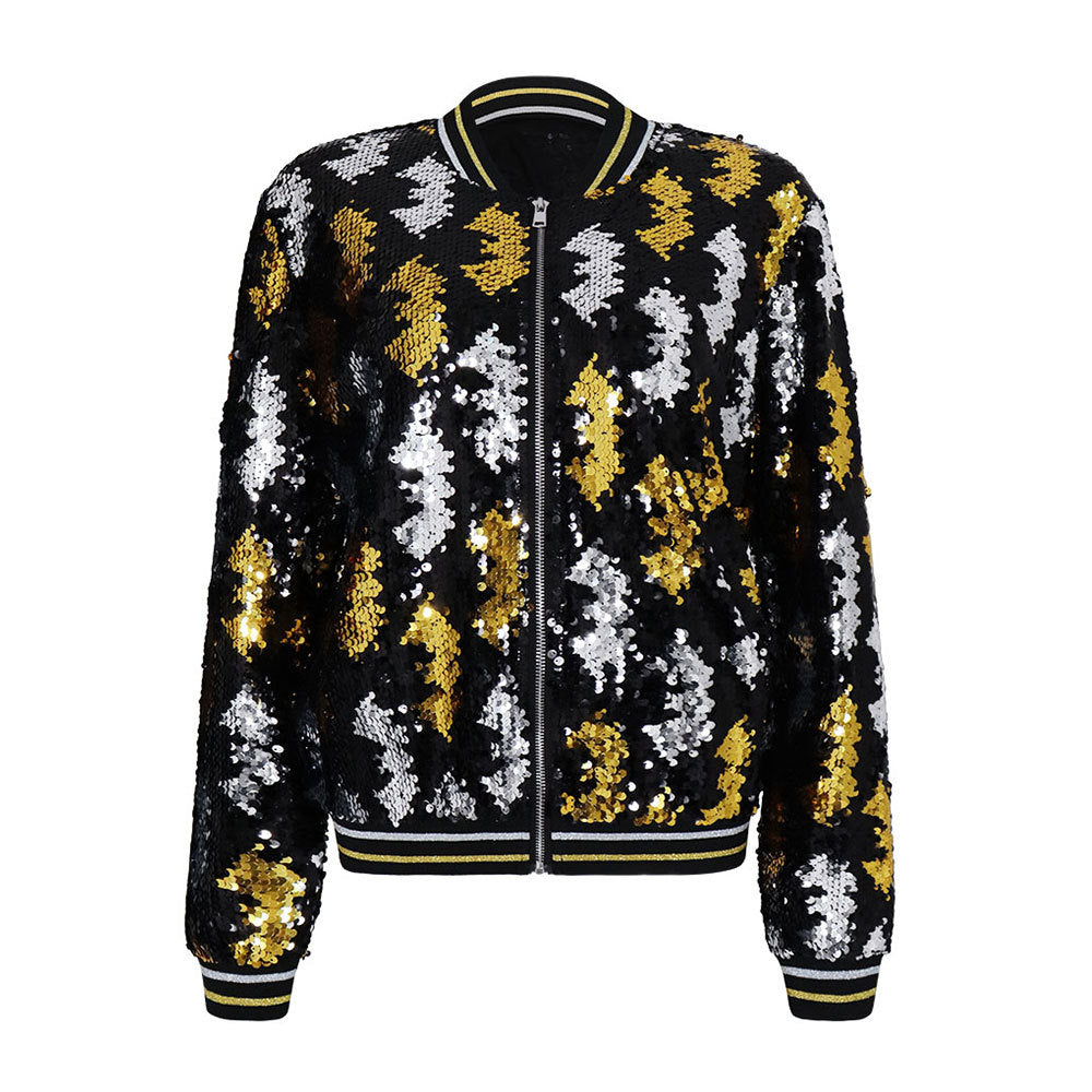 10393 Cross-border Amazon Autumn and Winter Women's Long Sleeve Jacket Slim-fit Elegant Commuter Sequin Baseball Suit