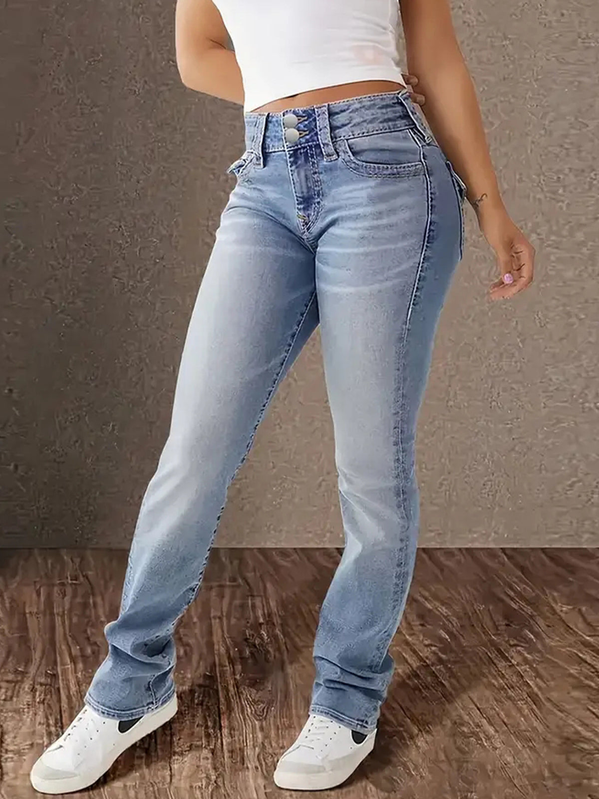 Women's Jeans, Retro Elastic Slimming Look Pants, Fashionable and Versatile Double-Button Design, Dark Blue Denim Trousers