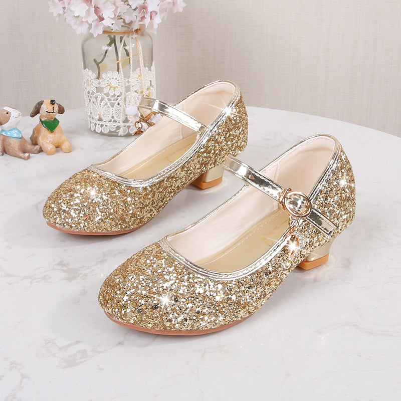 Children's High Heels Women's Shoes New Fashion Students Silver Sequins Performance Shoes Women's Etiquette Flower Children's Shoes