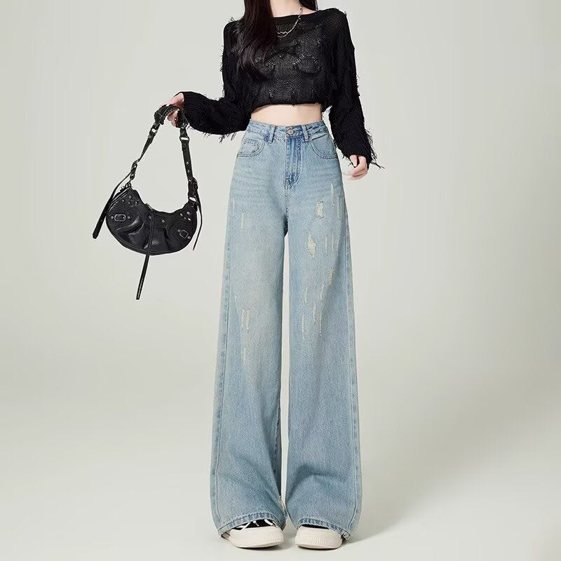 American Style Women's Wide Leg Jeans Spring and Autumn New Design Sense High Waist Slimming Straight Pants Women's Trendy