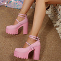 2025 New Autumn and Winter Women's Large Size Flats High Heels Thick Heels Waterproof Platform Pure Color Buckle European and American Style 35-43 Sizes