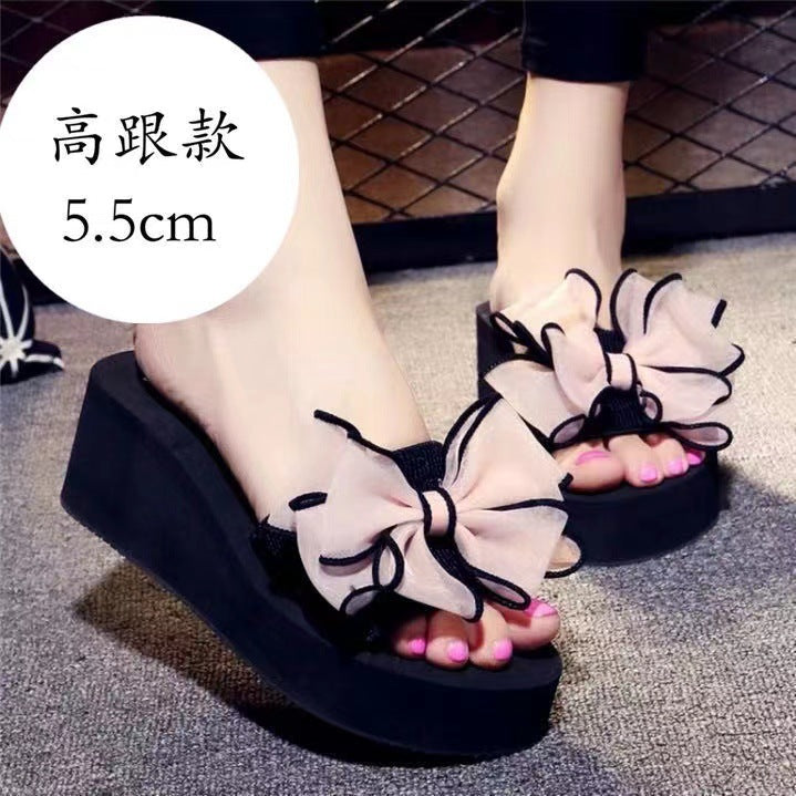 Mid-summer high-heeled slipper butterfly flower women's beach shoes thick-soled sandals and slippers Korean-style non-slip slippers for women