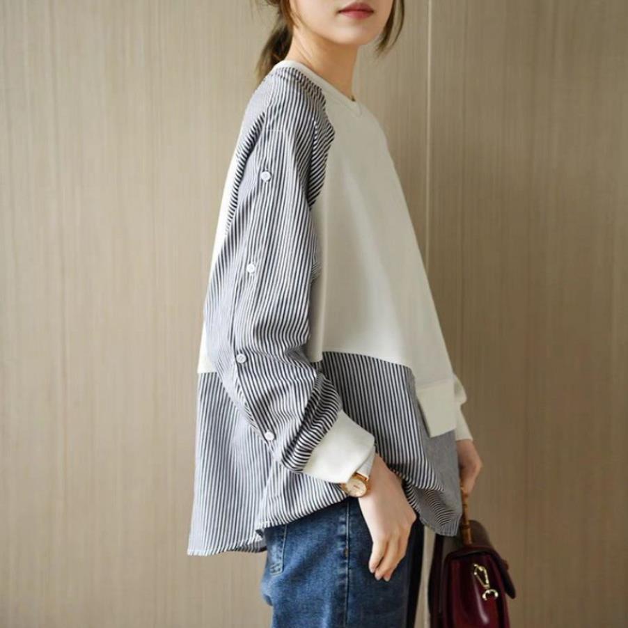 Eclectic Design Sense Niche Stitching Round Neck Sweater Women's Spring and Autumn New Irregular Striped Loose Cotton Top