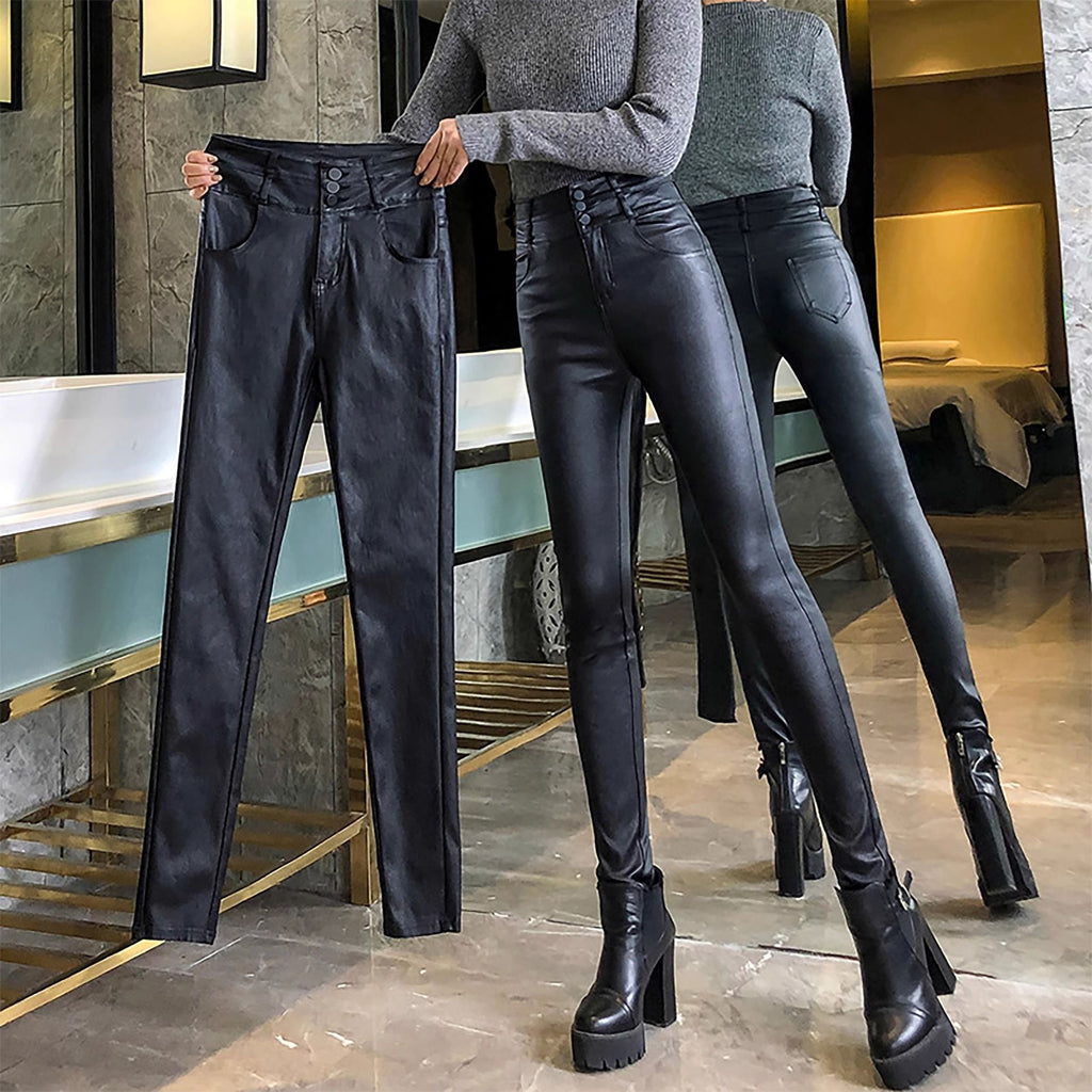Matte Pu Leather Pants for Women, Fleece-Lined, High-Waisted, 2025 New Style, Slimming Versatile Skinny Leggings for Women, Suitable for Outerwear