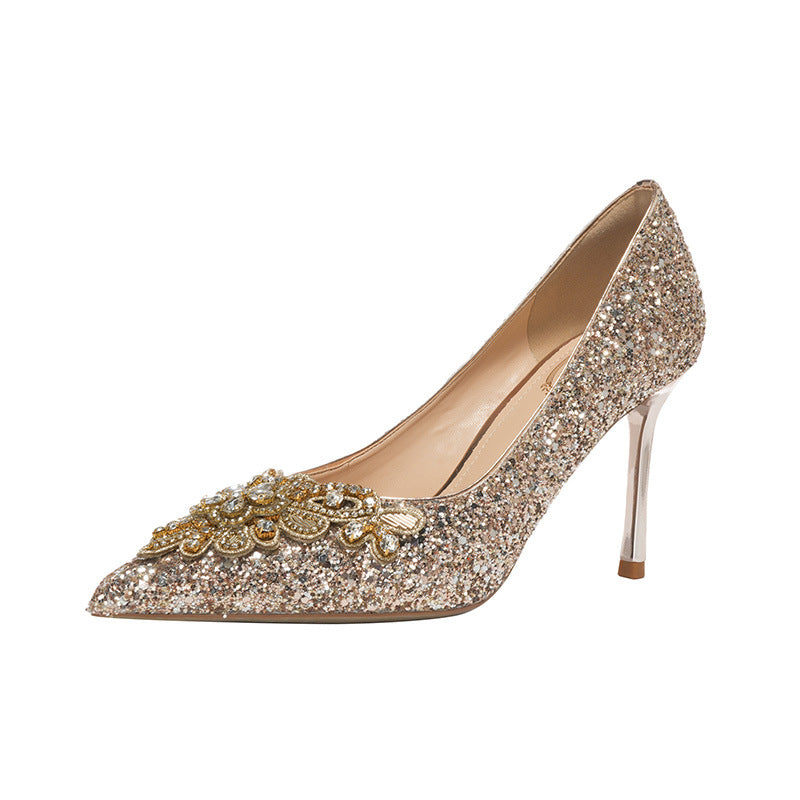 829-11 French High Heels Women's Thin Heel Shallow Rhinestone Shoes Women's Wedding Shoes Dress Bridesmaid Shoes Wedding Bridal Shoes