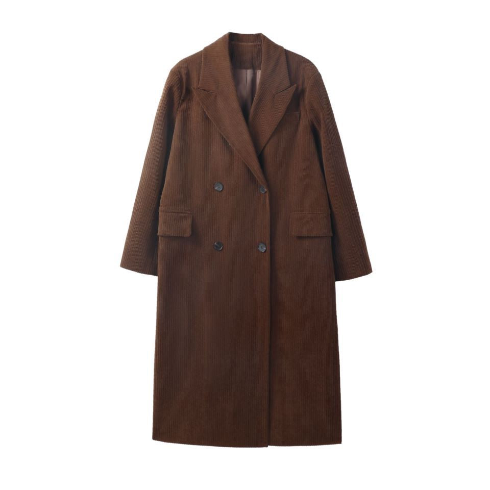 Women's Vintage caramel Corduroy Long Suit Over-the-knee Coat Women's Spring and Autumn Quilted Design Niche Jacket