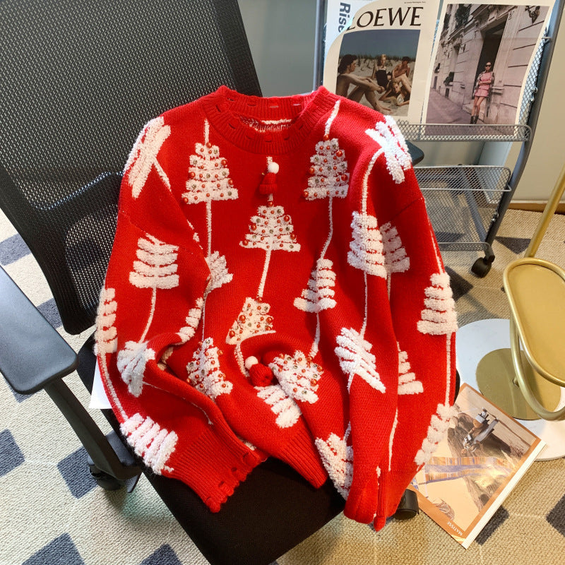 Christmas Red Sweater Women's Autumn and Winter 2024 New Style Heavy Industry Beaded Western Style Loose Pullover Contrast Color Knitted Sweater Jacket