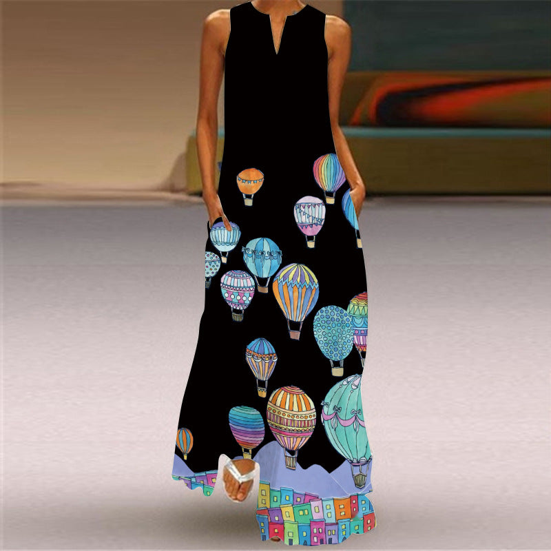 New Summer Women's Sleeveless Long Dress V-Neck Floral Print Dress European and American Cross-Border Foreign Trade Women's Clothing
