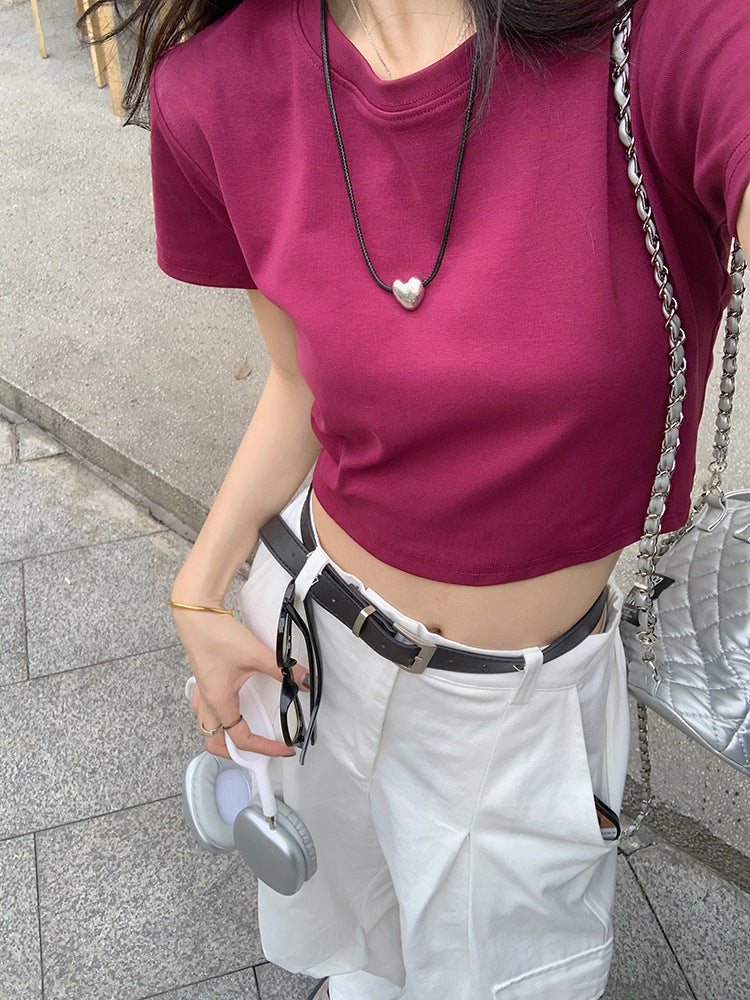 Black Straight-Shoulder Round-Neck T-Shirt for Women, Simple Basic Top, Summer Slim-Fit American Style Short-Sleeve Tee