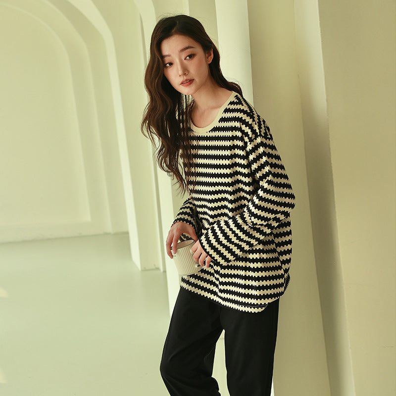 Women's Pajamas, Pure Cotton, Spring and Autumn Long-Sleeved Set, Large Size, High-End Striped Design, Can Be Worn Outside, with Chest Pads, Home Wear