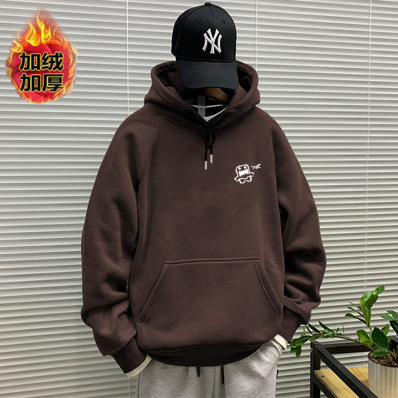 440g winter Yu wenle tide brand men's sweater men's hooded coat simple coat loose fleece-lined hoodie