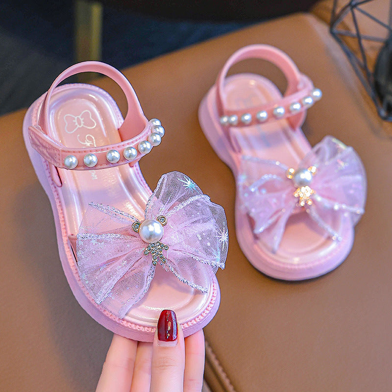 Girls' Sandals New Summer 2024 Children's Soft Sole Velcro Princess Shoes Bow Small Middle and Large Children's Girls Summer