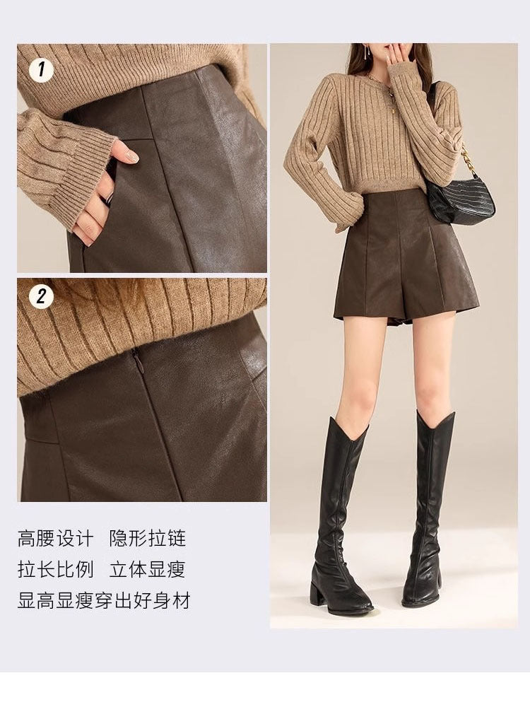 High-Waisted Leather Shorts for Women 2023 New Autumn and Winter A-Line Slimming Look Pu Leather Wide-Leg Pants Black Korean Style Outer Boot Pants