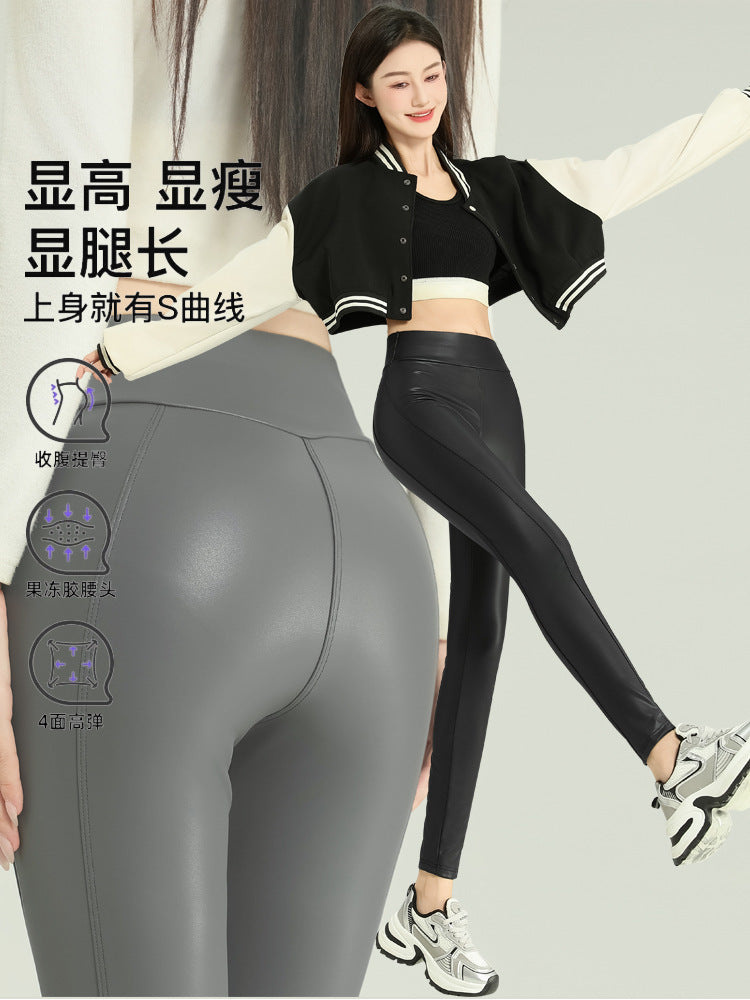 Leather Pants Women's Tight 2024 New High Waist Thin Cropped Pants fleece-lined Leather Matte Leggings Outer Wear Long Pants