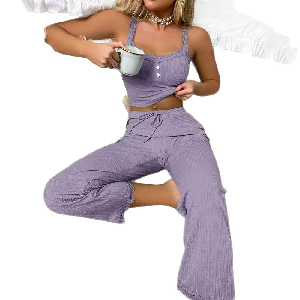 Cross-Border Casual Pajamas Lace Trim Camisole and Long Pants European and American Women's Loungewear Two-Piece Set Custom Sexy Lace