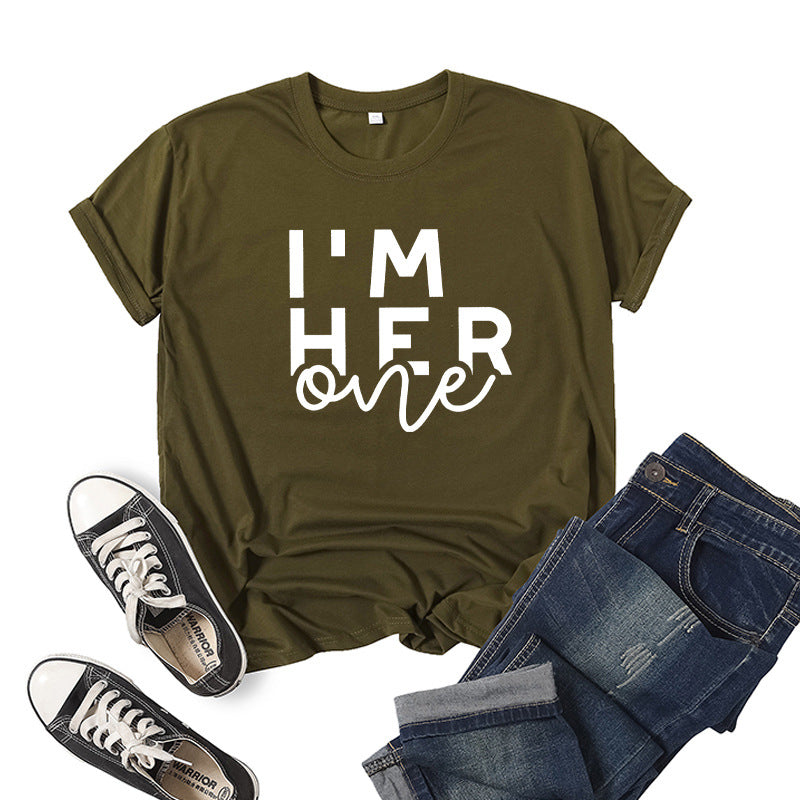 in stock Foreign Trade Cross-border I 'M HER ONE Couple Valentine's Day Printed Short-sleeved Crewneck T-shirt European and American Men and Women
