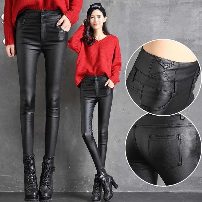2025 Autumn and Winter High-Waisted Matte Pu Leather Pants for Women to Wear as Outerwear Fleece-Lined Bottoming Coated Leather Pants Slimming Look Pencil Pants for Small Feet