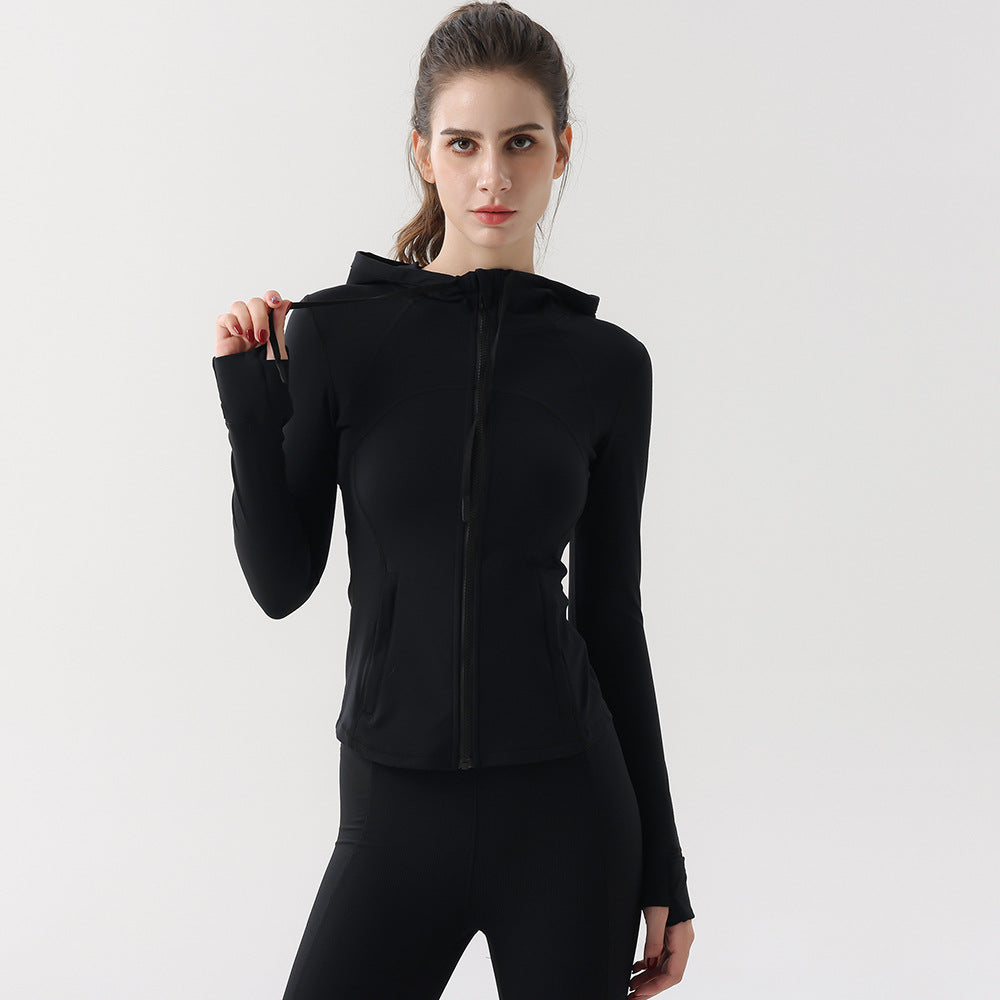 Autumn Yoga Clothing Hooded Fitness Hoodie Quick-drying Jacket Slim-fit Double-sided Scrusted Nylon Breathable Women's Sports Jacket