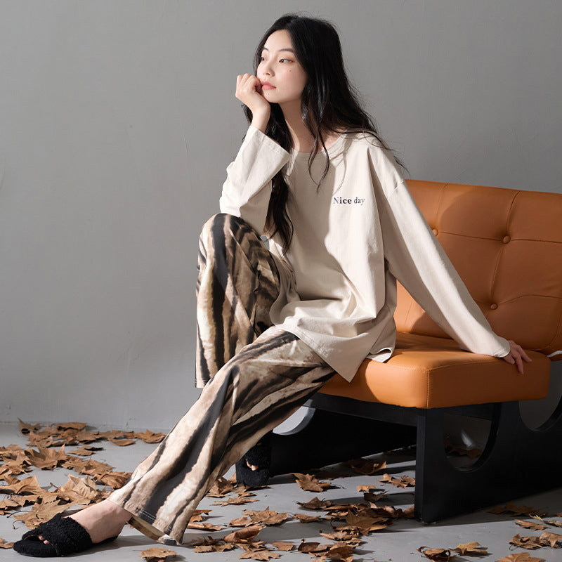 Deershi Pure Cotton Pajamas with Breast Pads for Women 2025 New Spring and Autum Long-Sleeved Loose High-End Home Clothes That Can Be Worn Outside