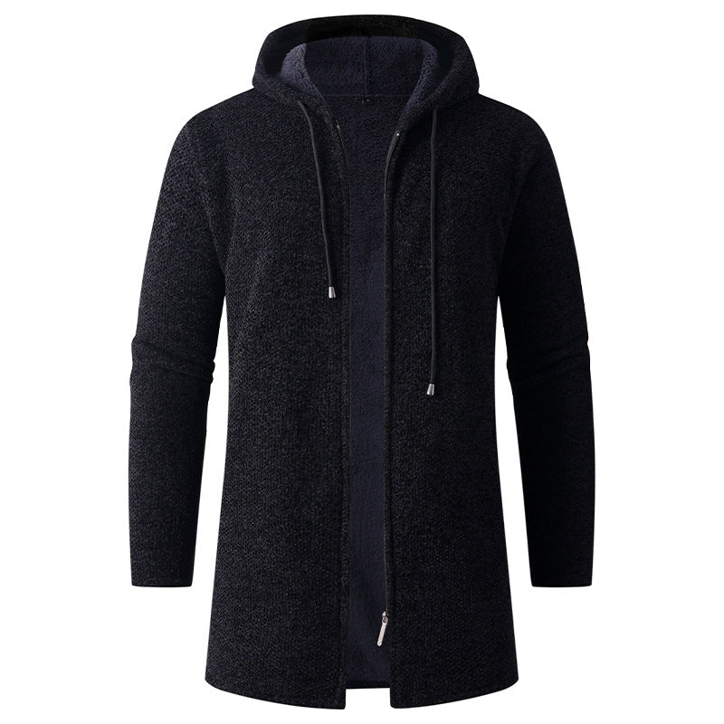 Cross-Border European and American Men's Mid-Length Knitted Windbreaker for Young and Middle-Aged People Hooded Cardigan Plus Velvet Thickened Warm Jacket Coat