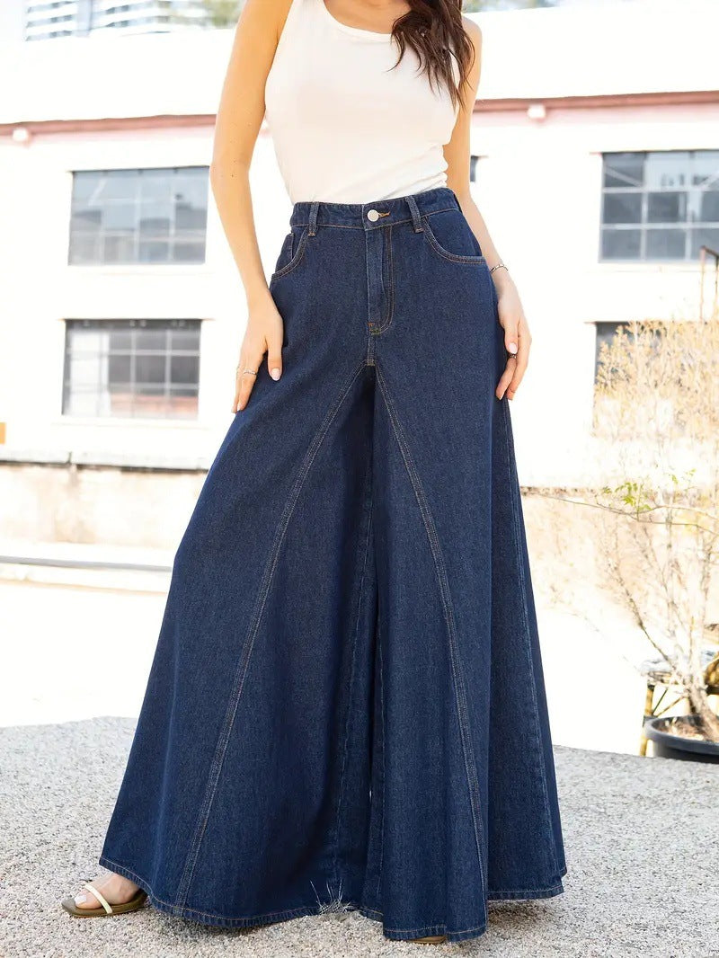 Label Women's Elegant and Simple Wide-Leg Jeans Stretch Jeans Washed Denim 2025 New Jeans