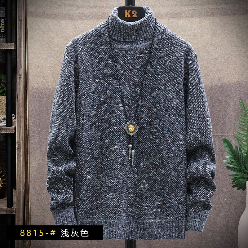 2023 autumn and winter men's turtleneck sweater fleece-lined thickened solid color simple pullover sweater base