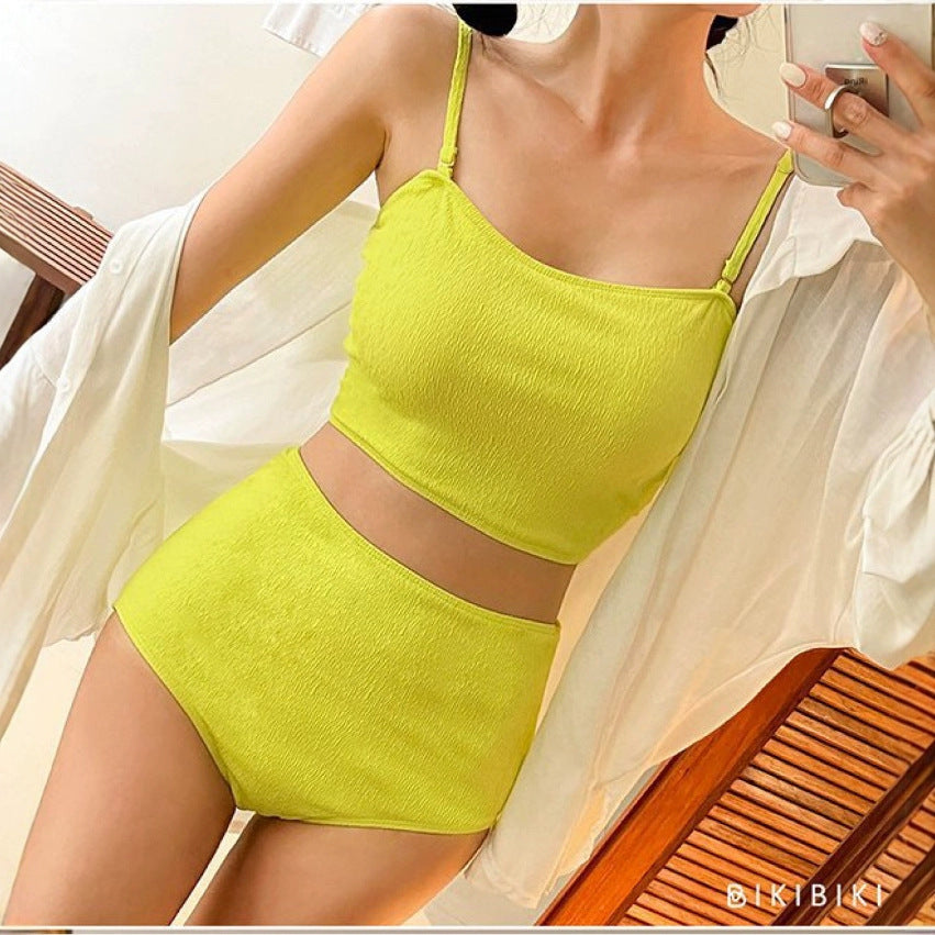 Fresh and Simple Swimsuit for Women 2025 Solid Color Korean and Japanese Style Two-Piece Swimsuit High-Waisted Triangle Slimming Bikini for Women