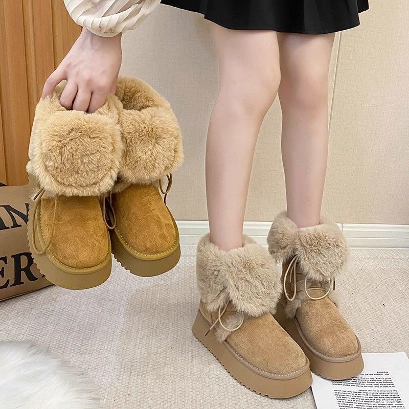 Lace-Up Two-Wear Snow Boots for Women 2025 Winter New Thick-Soled Mid-Calf Fur Integrated Fleece-Lined Thickeneded Cotton Boots