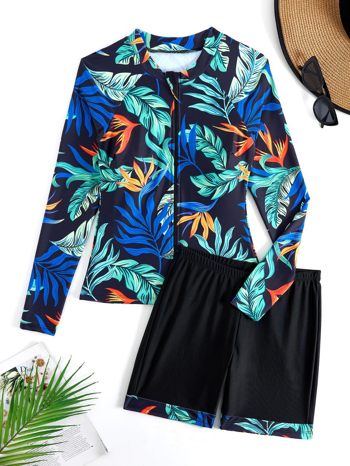 Women's Swimwear 2025 New Style Zipper Long-Sleeved Popular Printed Sun Protection Conservative Belly-Covering Split Swimsuit Boxer Briefs for Women
