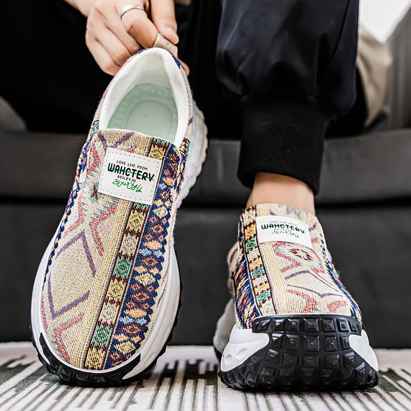 Men's Versatile Printed Thick-Soled Slip-On Canvas Sneakers for Middle-Aged and Young Adults