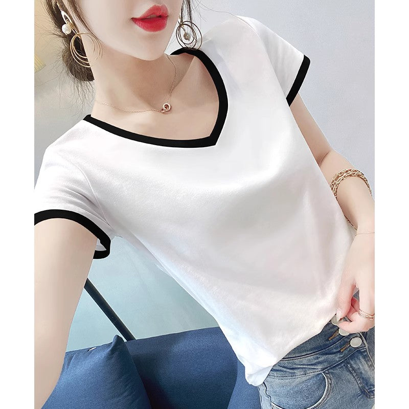 White Short-Sleeved T-Shirt for Women V Neck Stitching Contrasting Color Slim Fit Spring 2025 New Versatile T-Shirt Right Shoulder Tight Top