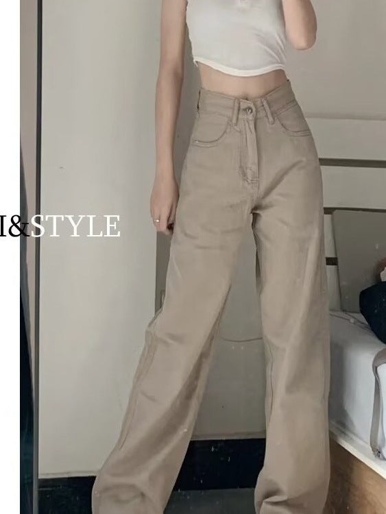 Khaki Jeans for Women Spring & Fall New Style High-Waisted Slim Fashion Versatile Straight-Leg Loose Floor-Length Wide-Leg Long Pants