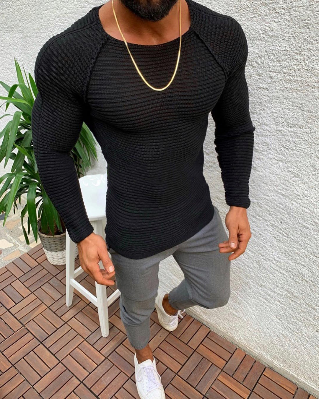Amazon 2023 Autumn and Winter European and American Large Size Round Neck Solid Color Men's Knitwear Top Sports Slim-fit Sweater for Men