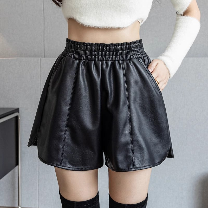 Casual Leather Shorts Women's Spring and Autumn Outwear Korean Style Short-fit High Waist Wide-leg Leather Pants Base Boot Pants