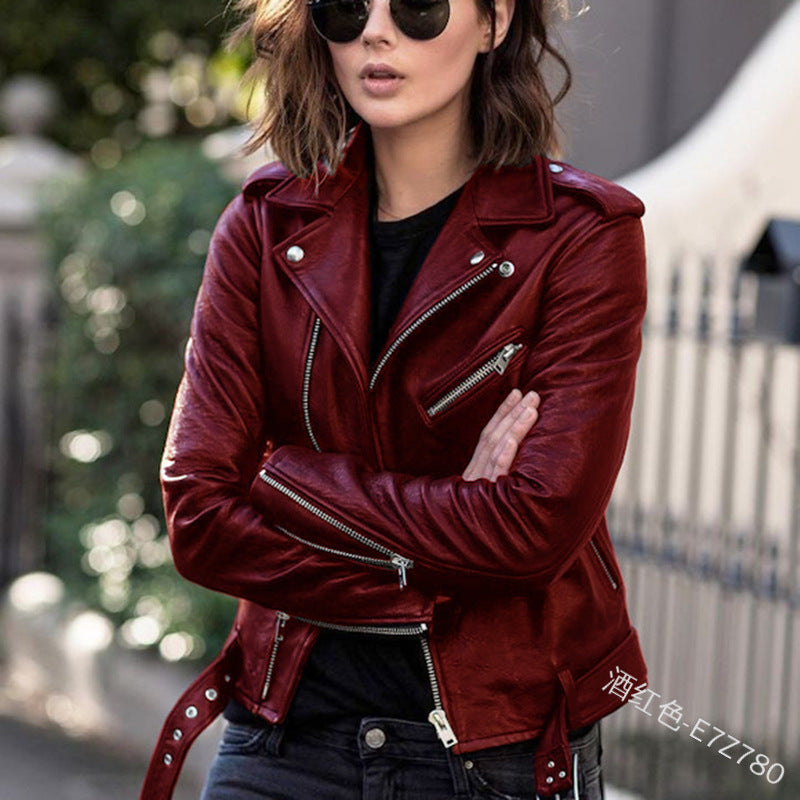 Cross-border 2023 New European and American Motorcycle Leather Jacket Autumn and Winter Women's Leather Clothing Women's Short Slim-fit Leather Fashion Jacket