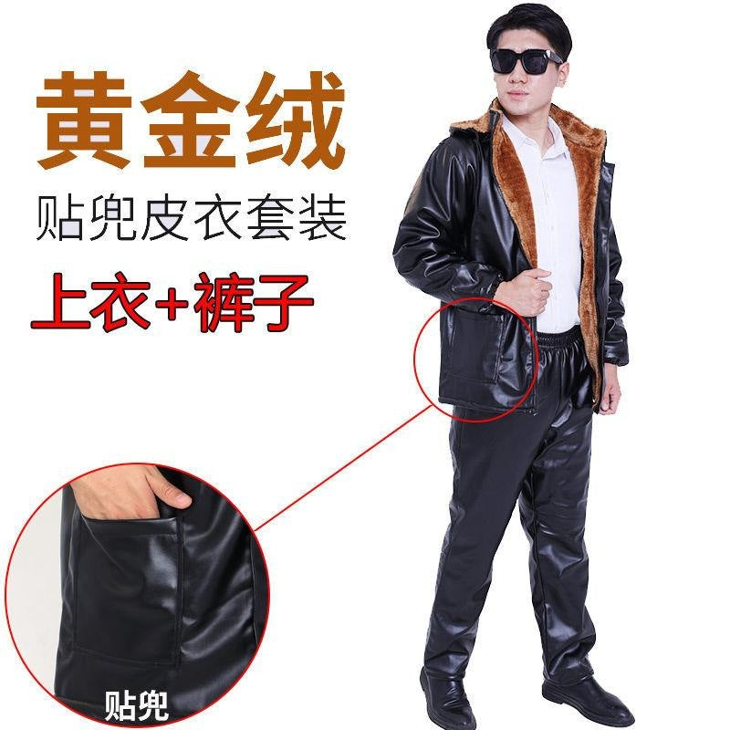 Leather Men's Coat Winter Fleece-lined Thickened Loose Oil-proof Waterproof Take-out Riding Leather Leather Pants Set for Men