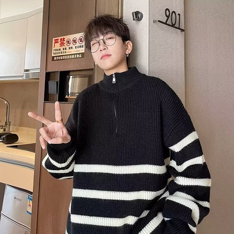 Half Zip Vertical Collar Sweater Men's 2024 Autumn and Winter Lazy Style Loose Striped Sweater Coat Sweater Trend