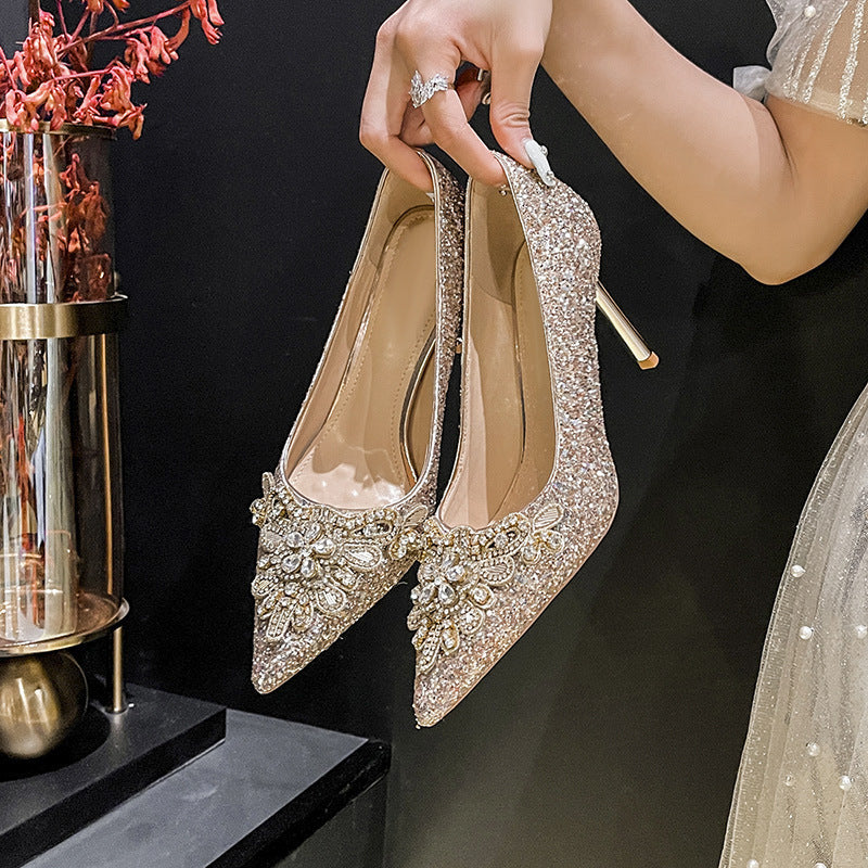 829-11 French High Heels Women's Thin Heel Shallow Rhinestone Shoes Women's Wedding Shoes Dress Bridesmaid Shoes Wedding Bridal Shoes