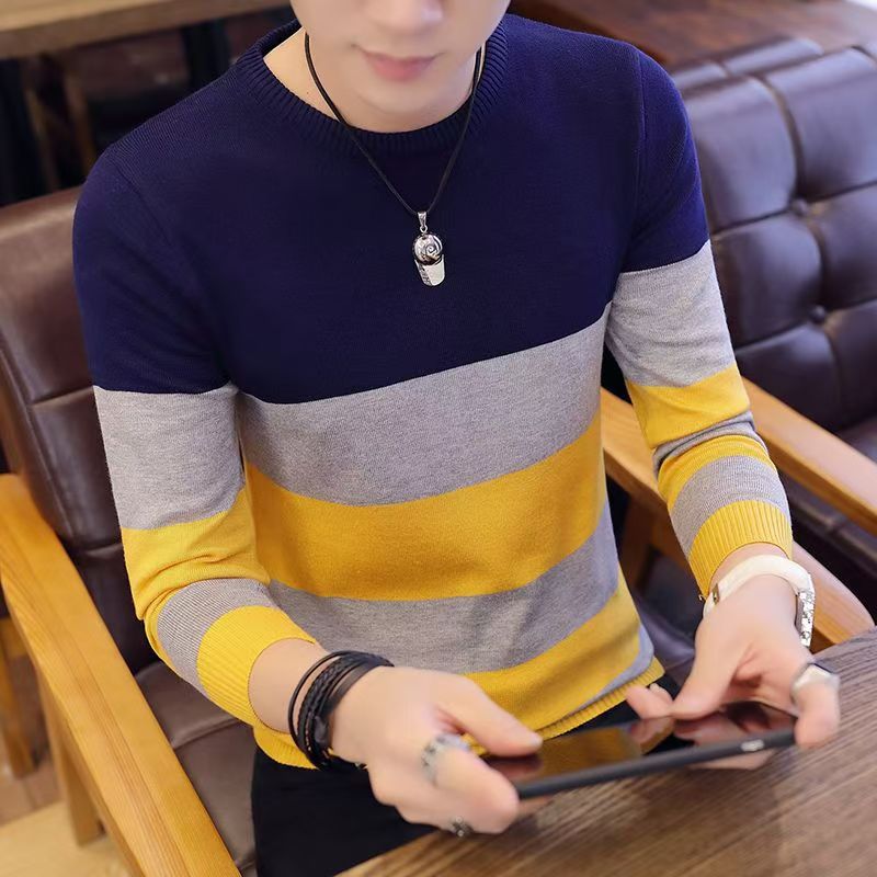 Men's Sweater Men's Spring and Autumn 2024 New Casual Students Korean-style Base Knitted Shirt Fake Two-piece Sweater Small Shirt