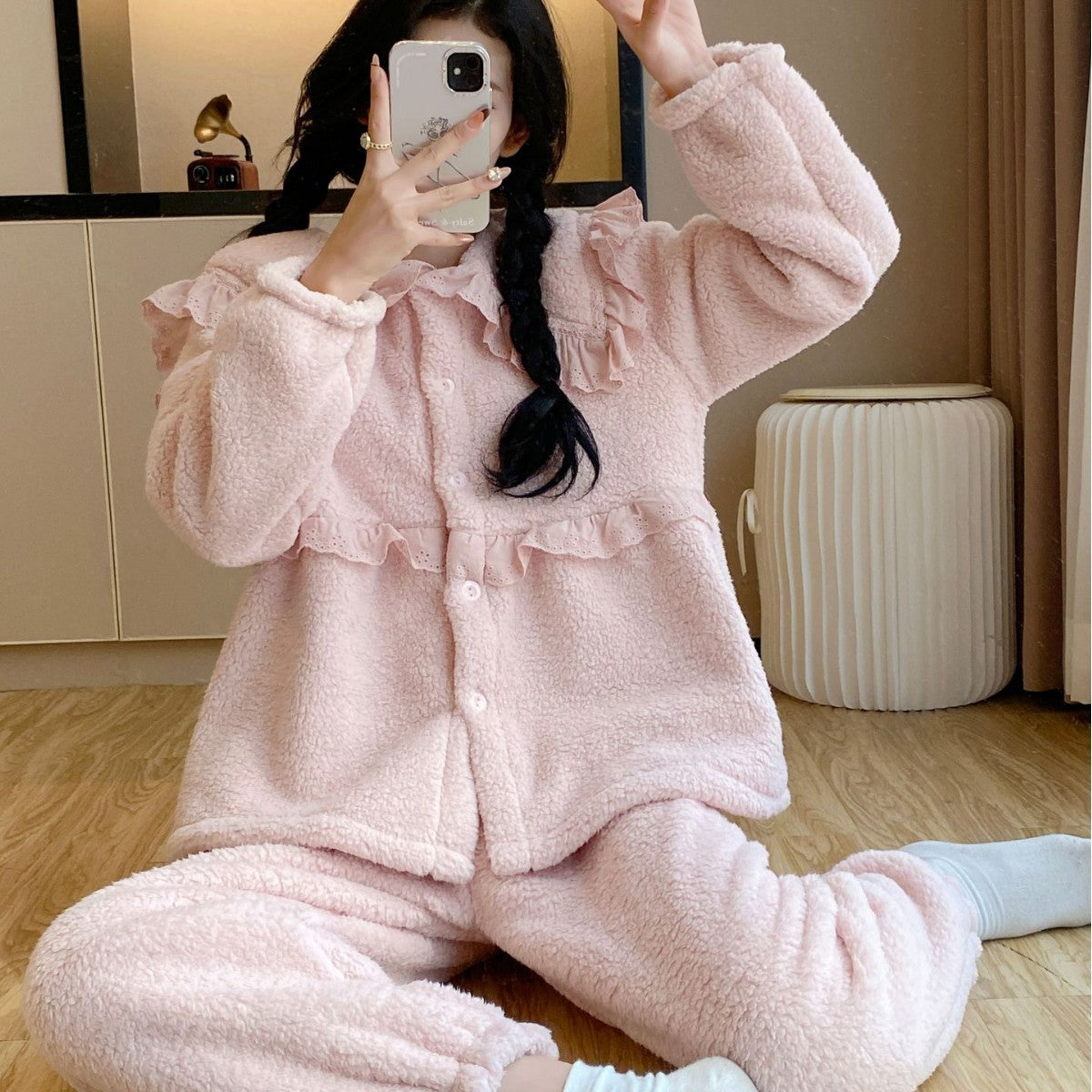 Pajamas Women's Lamb Velvet Autumn and Winter Neck Warm Coral Velvet Sweet Large Lapel Thickened Lace Home Clothes