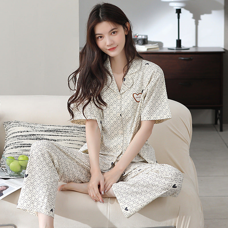 2026 New Women's Summer Pajamas, Cotton Short-Sleeve Long Pants, High-End Cardigan Loungewear Set for Women, Suitable for Wearing Outside