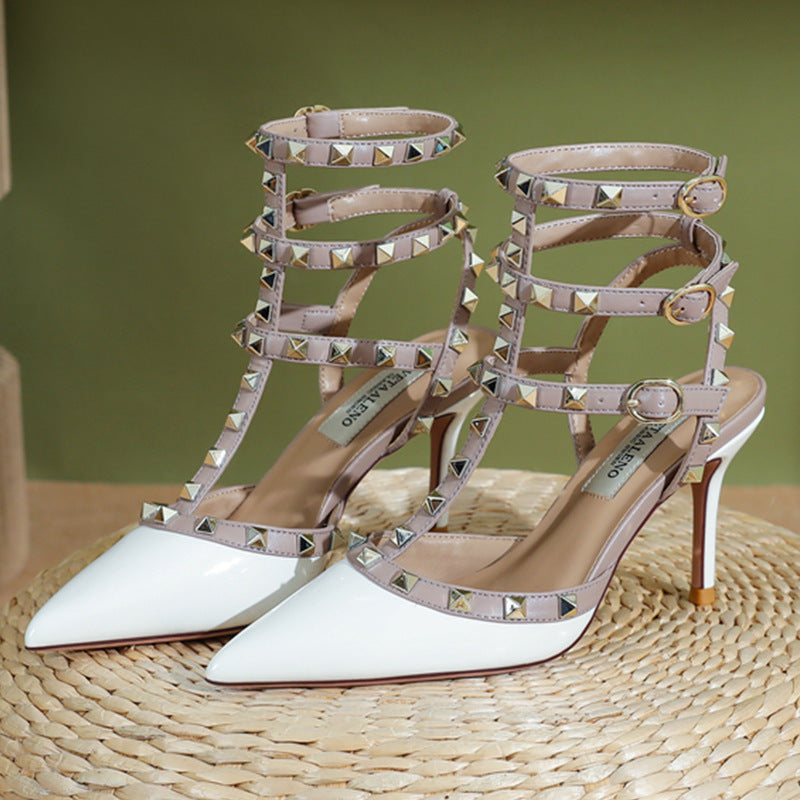 2025 Summer New Pointed Black Rivet High Heels girls Sandals Stiletto Beautiful Nude Shoes Willow Shallow