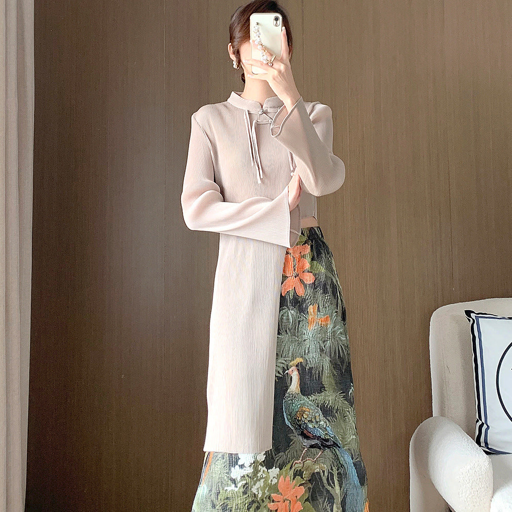 New Chinoiserie Tops for Women, Retro National Style Women's Clothing, Spring New Asymmetrical Pleated T-Shirts, Women's T-Shirts, Long-Sleeved Shirts