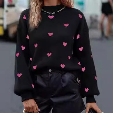 European and American Fashionable Autumn and Winter New Sweaters Long-Sleeved Round Neck Knitted Pullover Heart Loose Casual Women's Clothing