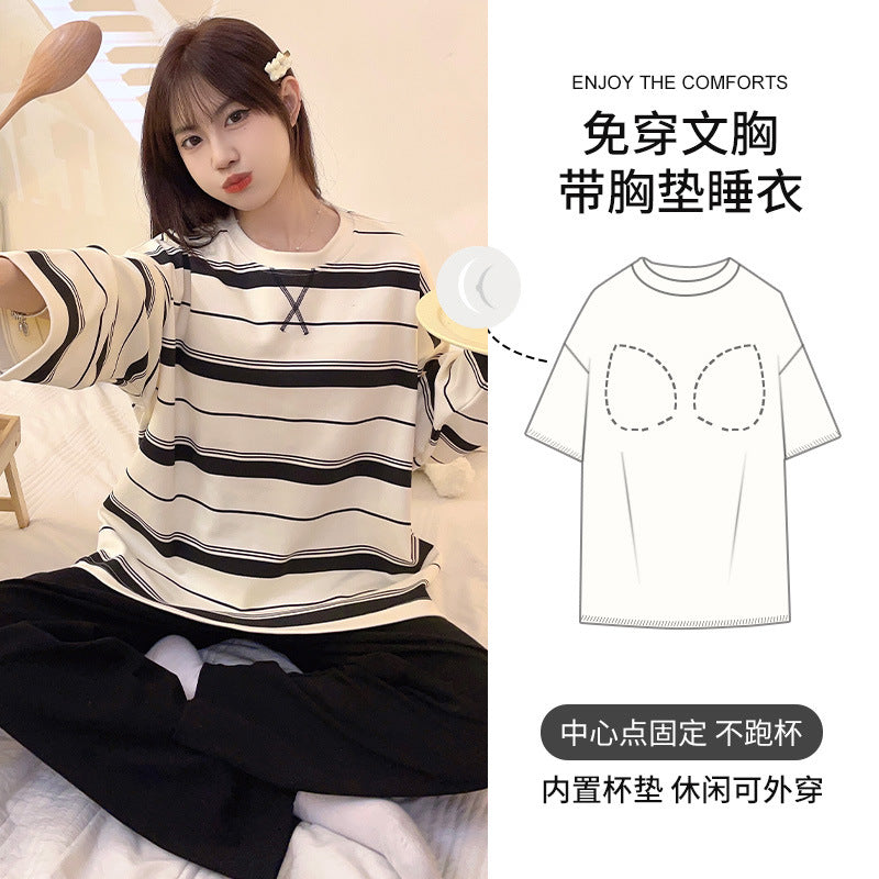 New Style Long-Sleeved Women's Pajamas with Breast Pads, Autumn and Winter Casual Striped Home Clothes That Can Be Worn Outside
