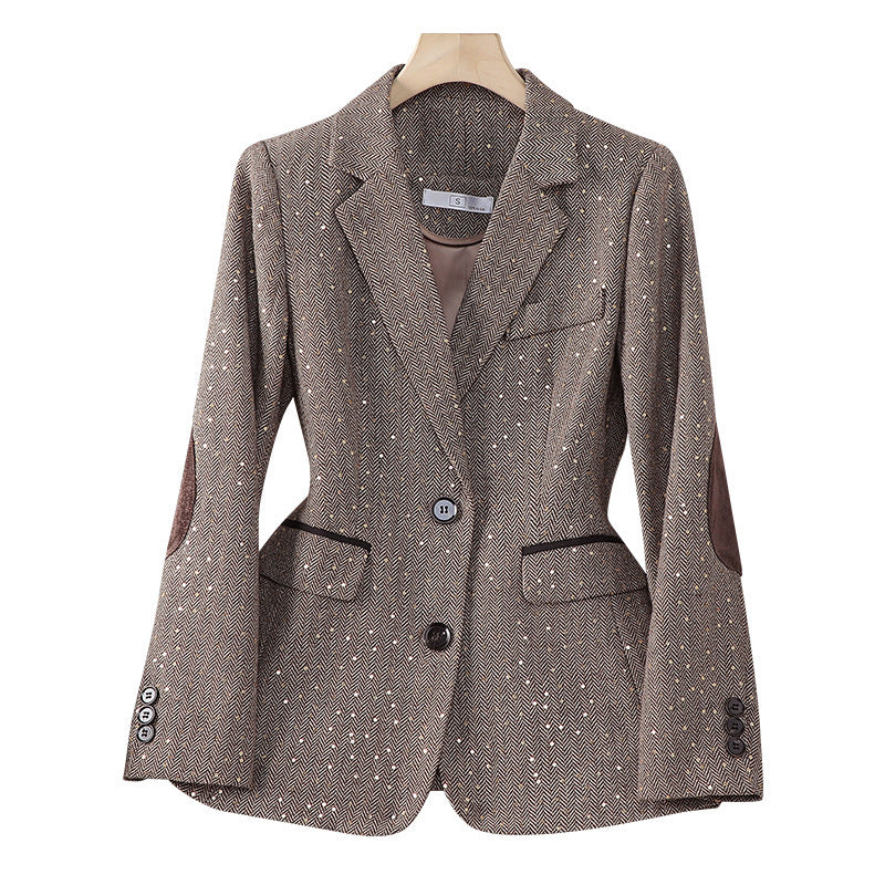 [Old Qian Feng] Women's Contrast Spring and Autumn Coat Sales Houndstooth Suit Women's Coat Women's Small Suit Jacket