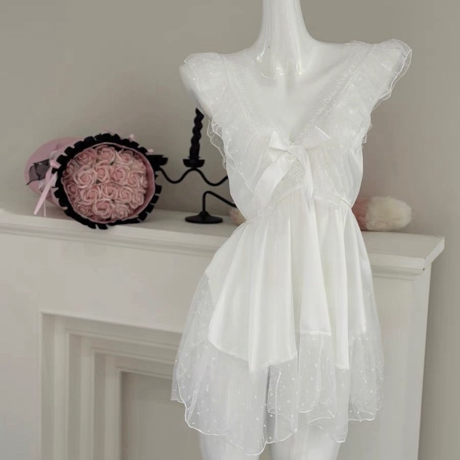 Purely Sensual Silky Slip Nightgown with Sexy Backless Lace Bow, Polka Dot Sleep Dress with a High-End Feel, Loungewear