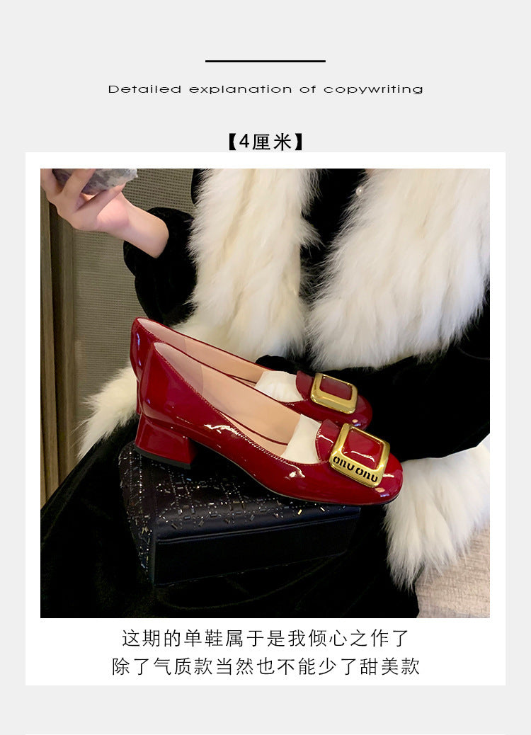 2025 Autumn New Collection Evening Gown~ Classic Square Buckle Patent Leather Chunky Heel Commuting High Heels Women's Wedding Shoes