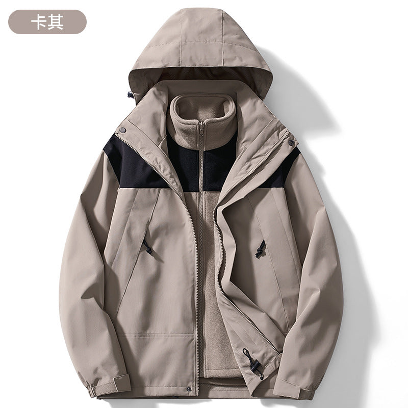 Couple Style Color-Blocked Outdoor Sports Three-In-One Windproof Mountaineering Jacket Winter Fashion Jacket with Stand Collar