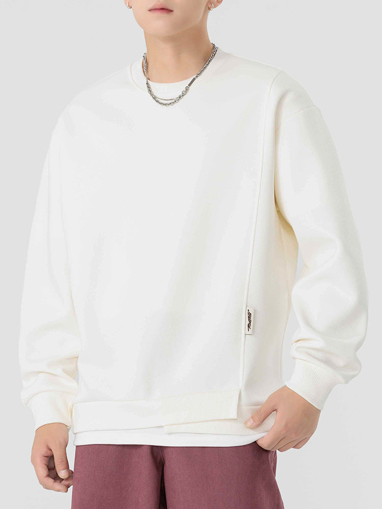 Light Mature Style Simple Men's Clothing Spring and Autumn New Heavy-weight Sweaters Men's New Fashionable Brand Fake Two-piece Solid Color Top for Men